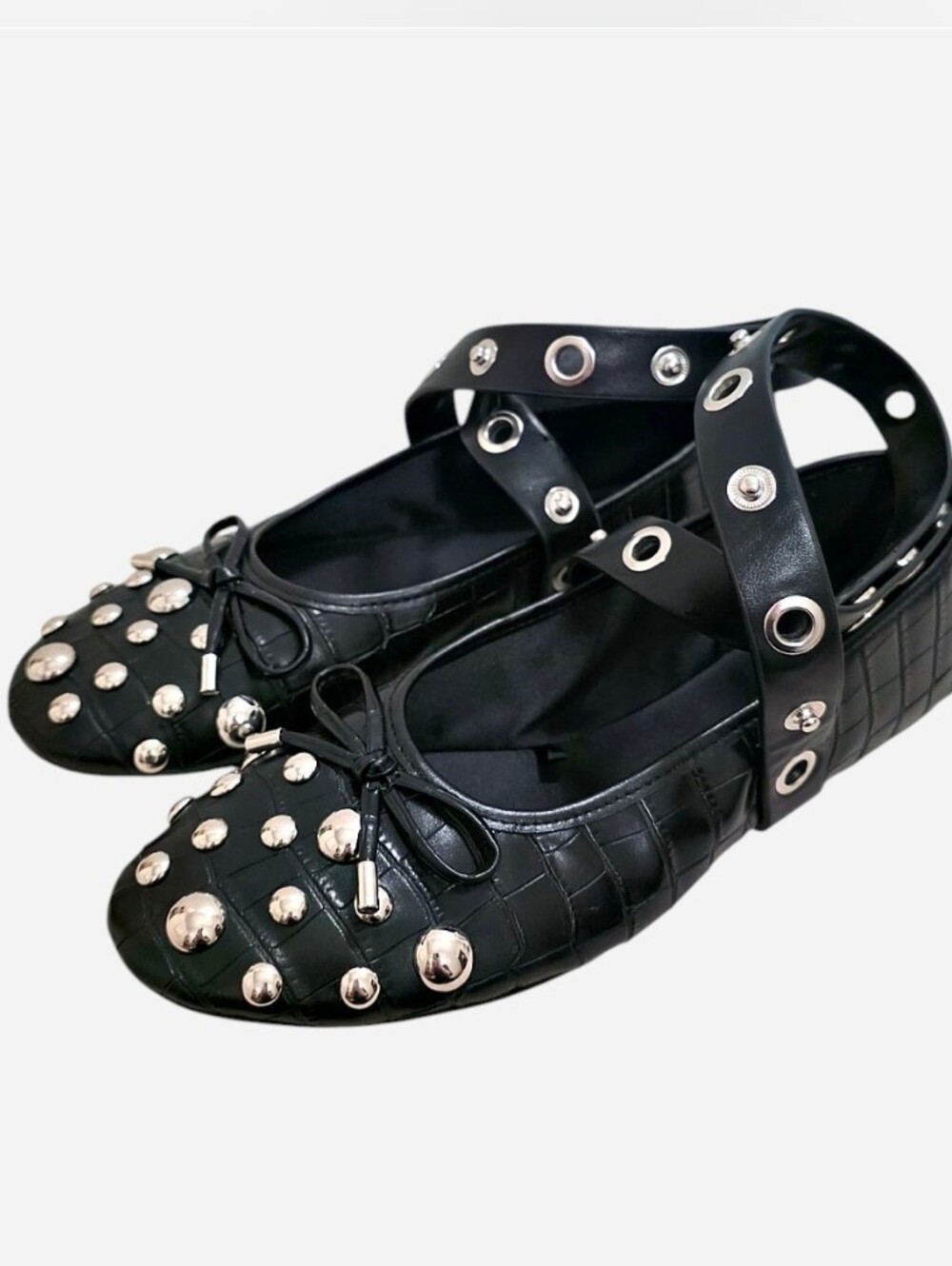 Zara Black Studded Faux Leather Mary Jane Ballet Flats, Ankle Straps, 40/9